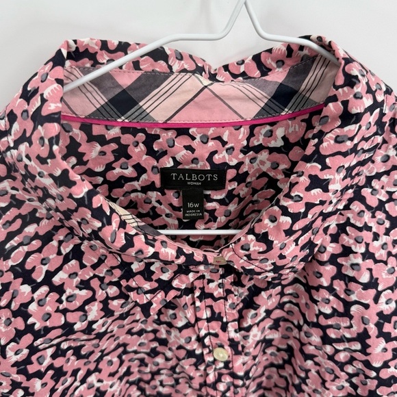 Talbots Woman Long Sleeve Roll Tab Cotton Pink Floral Blouse Size 16w Flip Cuff - Picture 3 of 7